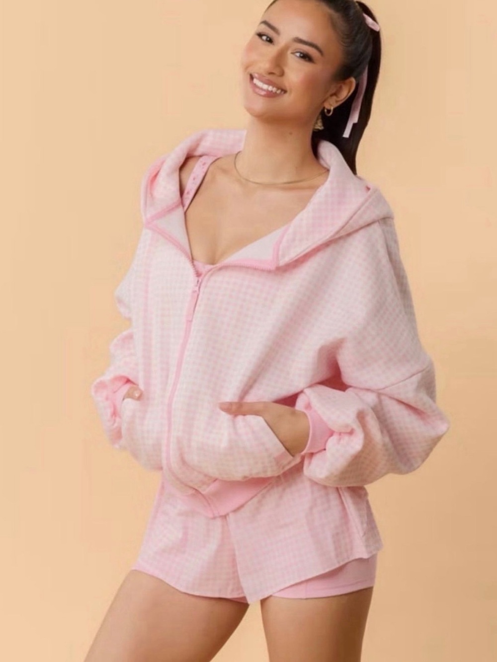Cozy Pink Hooded Zip-Up and Matching Shorts Loungewear Set